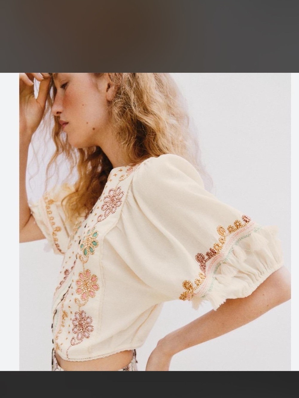Zara Cream Embroidered Puff-Sleeve Crop Top